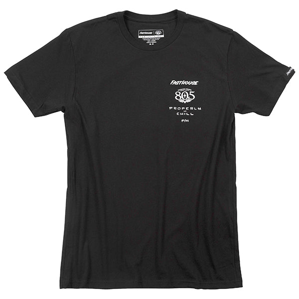 Clean studio shot of Fasthouse 805 Sunset Tee; showing tee fit, printed graphics, and crew neckline; SKU 32180500; Colors: Black; Sizes: S-3XL
