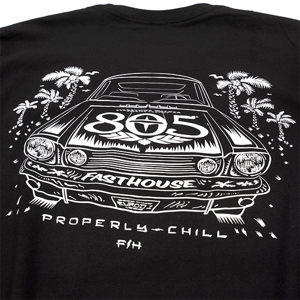 High-resolution studio image of Fasthouse 805 Sunset Tee; showing tee fit, printed graphics, and crew neckline; SKU 32180500; Colors: Black; Sizes: S-3XL