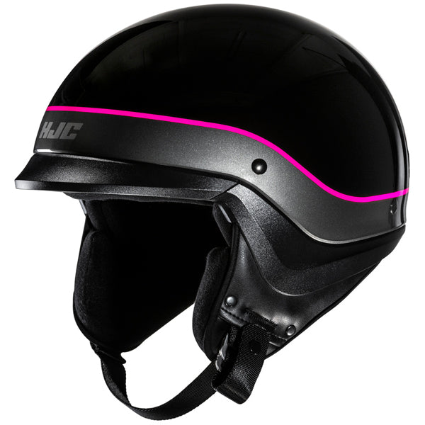 822150503 | A sleek black motorcycle helmet with a glossy finish, featuring a silver stripe along the middle with a thin pink line running through it, and the brand name 'HJC' printed on the side. The helmet has a smooth, rounded shape with a slightly extended visor, and a padded interior visible at the bottom. The background is plain white, emphasizing the helmet's modern, sporty design with subtle reflections on its surface, suggesting a professional studio setting. | Available at BTO Sports - alternate view