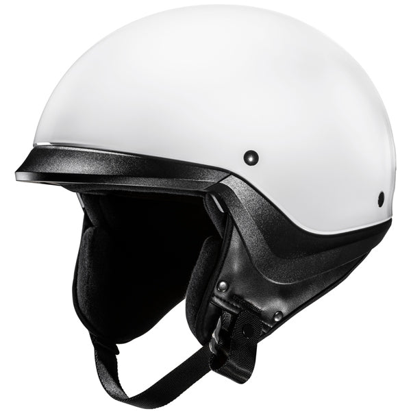 822020503 | A sleek, modern motorcycle helmet with a glossy white outer shell and black interior padding, featuring a smooth, rounded design with a slightly extended front visor, set against a plain white background. The helmet has small black ventilation holes on the sides, a black chin strap with a quick-release buckle, and subtle black accents along the lower edge, illuminated by soft, even lighting that highlights its shiny surface and contours. | Available at BTO Sports