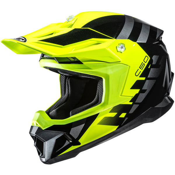 872330103 | A high-visibility yellow and black motocross helmet with angular design, featuring a prominent visor, multiple vents, and a padded interior visible through the open face area, set against a plain white background with bright, even lighting highlighting its glossy finish and detailed graphics. | Available at BTO Sports