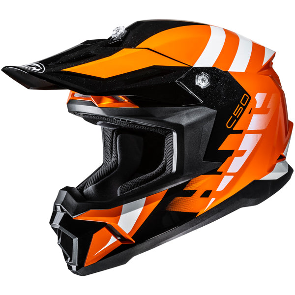 A full-face motocross helmet with a sleek, aerodynamic design featuring a vibrant orange and black color scheme with white accents and bold graphics, including the text 'C50' on the side. The helmet has a prominent visor with a black top surface and orange detailing, clear integrated goggles, and a textured black interior lining visible through the open face area. The background is plain white, emphasizing the helmet's glossy finish, sharp lines, and modern style, suitable for professional motocross or off- - alternate view
