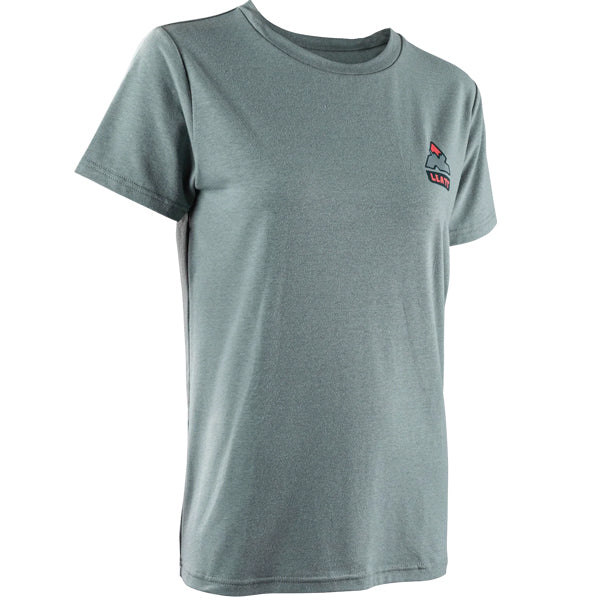 Studio photo on a white background of Leatt Core T-Shirt (Womens); showing tee fit, printed graphics, and crew neckline; SKU 50260815; Sizes: XS-2XL