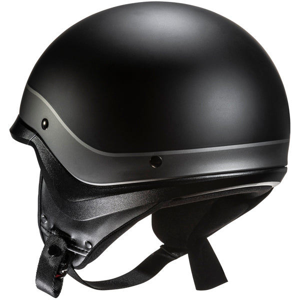 822150503 | A sleek, black motorcycle helmet with a matte finish, featuring a smooth, rounded shape and a subtle gray stripe running horizontally around the lower part. The helmet has a black chin strap with a textured surface and a small, black snap button on the side. It is set against a plain white background, with soft, even lighting that highlights its contours and matte texture, giving it a modern, professional appearance. | Available at BTO Sports