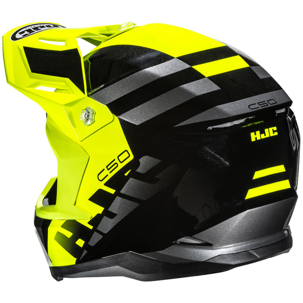 872330103 | A full-face motorcycle helmet with a vibrant yellow and black color scheme, featuring angular design elements, silver accents, and the brand name 'HJC' on the side. The helmet has a sleek, aerodynamic shape with a tinted visor, and the background is plain white, emphasizing the helmet's bold colors and modern style. The lighting highlights the glossy finish and reflective surfaces, creating a professional, high-contrast appearance. | Available at BTO Sports