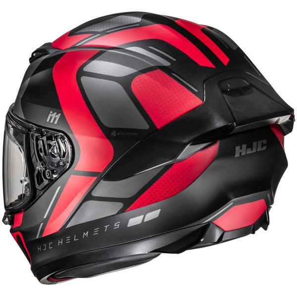 810410103 | A full-face motorcycle helmet with a sleek aerodynamic design, predominantly black with bold red and gray accents, featuring a clear visor, ventilation vents, and branding including 'HJC' and 'HELMETS' on the lower side. The helmet has a matte finish with textured red panels and subtle dotted patterns, set against a plain white background, illuminated with soft, even lighting that highlights its contours and glossy surface. | Available at BTO Sports