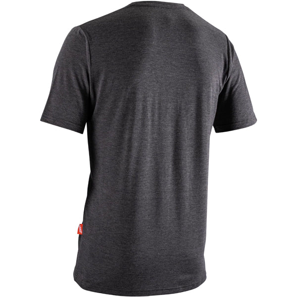 Crisp studio image on a white background of Leatt Tech T-Shirt; showing tee fit, printed graphics, and crew neckline; SKU 50260816; Sizes: S-3XL