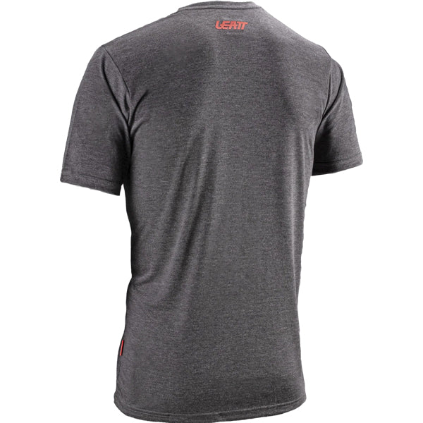 Clean studio shot of Leatt Tech T-Shirt; showing tee fit, printed graphics, and crew neckline; SKU 50260816; Colors: Print Black, Ghost Black, Denim Blue