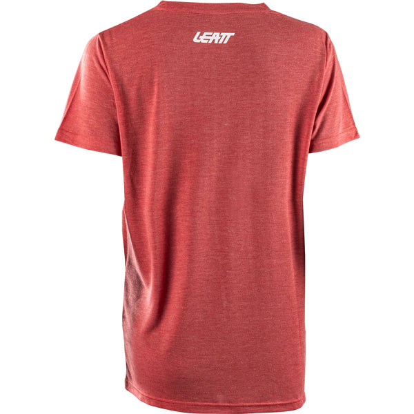 Clean studio shot of Leatt Tech T-Shirt (Womens); showing tee fit, printed graphics, and crew neckline; SKU 50260818; Colors: Dusty Red, Cosmic Blue