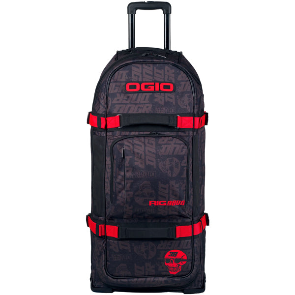 Straight front view of OGIO RIG 9800 DNGR X gear bag standing upright, showing OGIO logo on the top panel, front pocket, red straps, and red skull graphic at the bottom, SKU 80100025 | Available at BTO Sports