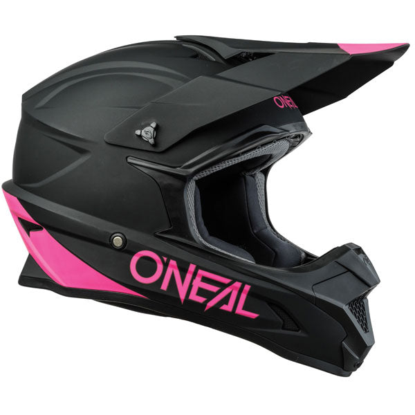 Studio image highlighting O'Neal, 1 Series Solid Helmet, SKU 0632-176, color options Black/Pink, Black, Blue, Red, sizes XS–2X