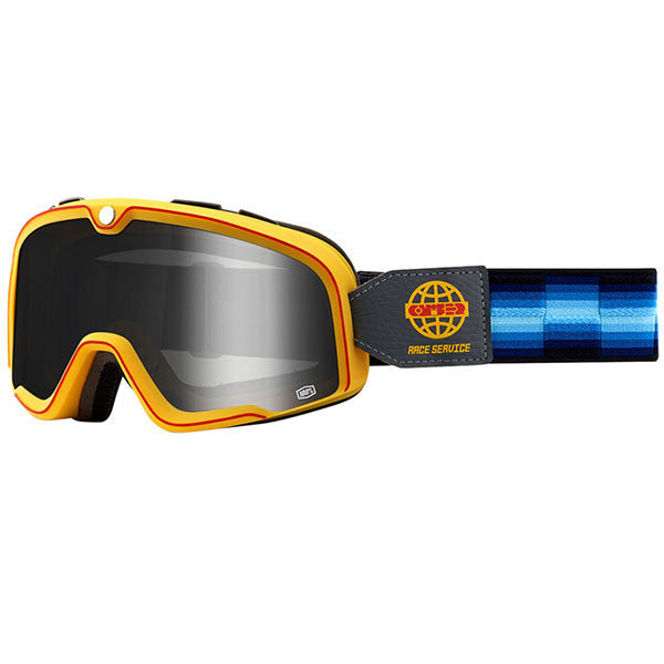 Clean studio photo on a white background of 100%, Barstow Goggle, Goggles, SKU 26013068, color options Race Service, Mirror Silver Lens, The Arsenale, Smoke Lens, Death Spray, Mirror Blue Lens, El Solitario, Smoke Lens, Vahna, Mirror Blue Lens, Erban, Mirror Dark Red Lens, Malibu, Smoke Lens, Jane Motorcycles, Mirror True Gold Lens and more