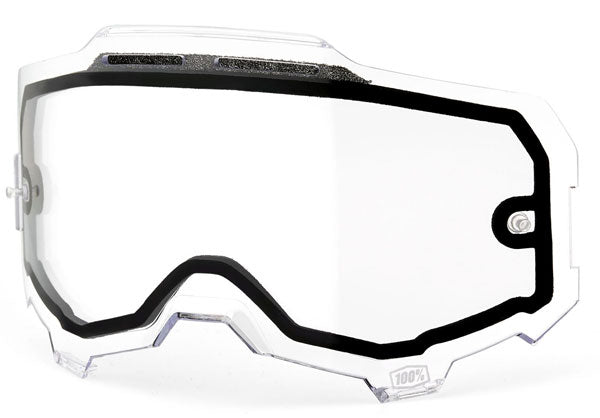 Studio image highlighting 100%, Armega Goggle Lens, Tear-Off Accessories, Goggle Tear-Offs, SKU 610-6019, color options Blue Lens, Yellow Lens, Smoke Lens, Clear Lens, Dark Smoke Lens, Persimmon Lens, Red Mirror Lens, Silver Mirror Lens and more