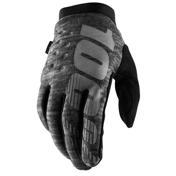 Studio product photo on a neutral background of 100%, Brisker Glove, Offroad Gloves, SKU 5703000508, color options Black, Fluorescent Orange/ Black, Cold Weather Heather Grey, Fluorescent Yellow, Camo/Black, Turquoise, Red, Neon Pink, sizes 2XL, MD, LG, XL, SM