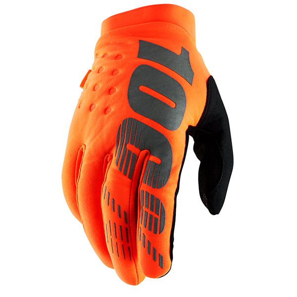 Studio photo of 100%, Brisker Glove, Offroad Gloves, SKU 5703000507, color options Black, Fluorescent Orange/ Black, Cold Weather Heather Grey, Fluorescent Yellow, Camo/Black, Turquoise, Red, Neon Pink, sizes 2XL, MD, LG, XL, SM