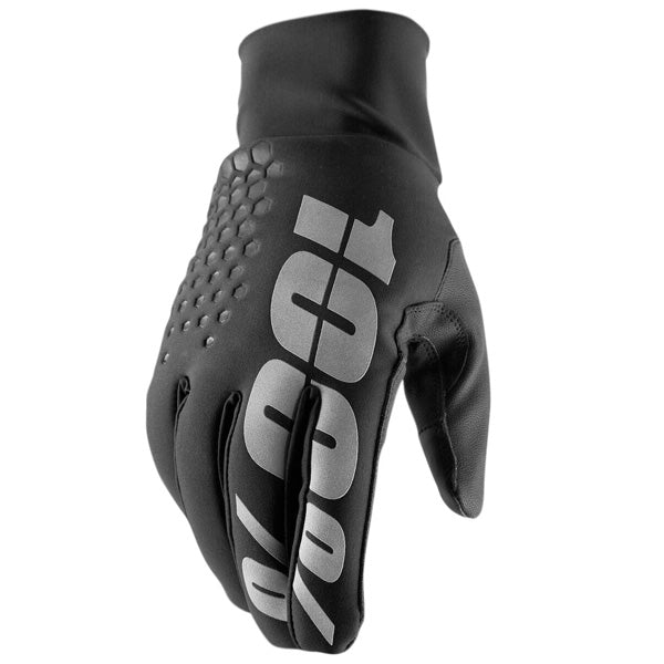 Studio image highlighting 100%, Hydromatic Brisker Gloves, Offroad Gloves, SKU 33305062, color options Black, Cyan, sizes XL, 2XL, M, S, L