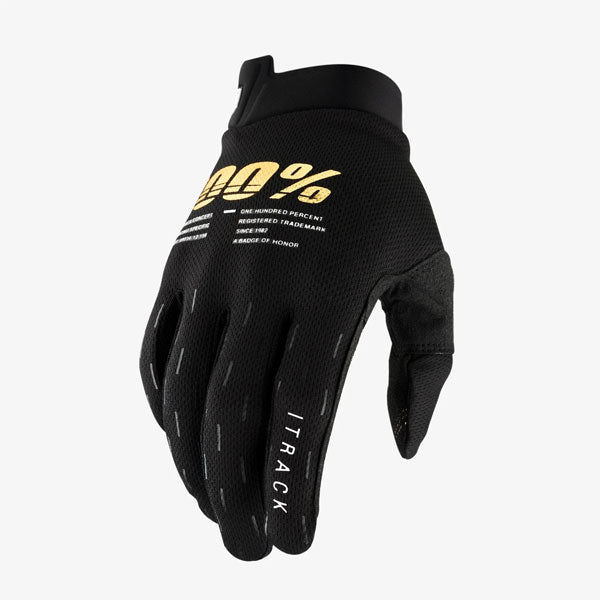 Product photo of 100%, Itrack Gloves (Youth), Offroad Gloves, SKU 33321581, color options Black, Fluo Yellow, Sentinel Black, sizes Y-SM, Y-MD, Y-LG, Y-XL