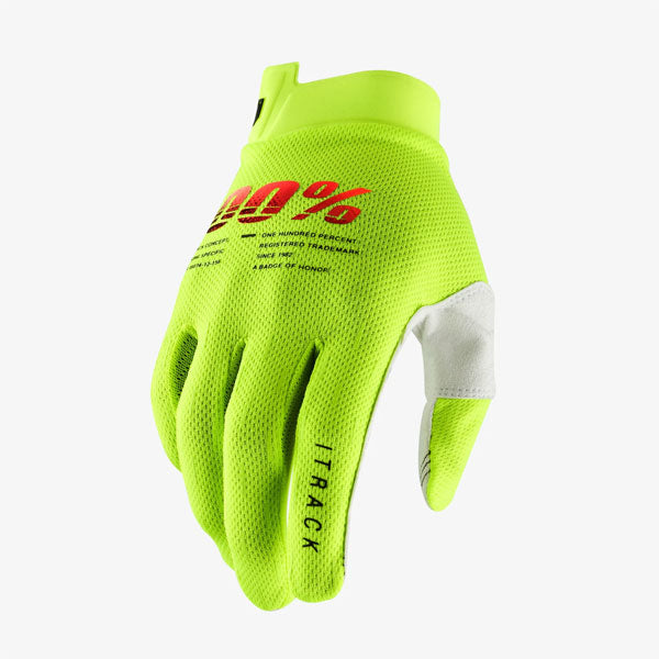 Studio photo of 100%, Itrack Gloves (Youth), Offroad Gloves, SKU 33321582, color options Black, Fluo Yellow, Sentinel Black, sizes Y-SM, Y-MD, Y-LG, Y-XL