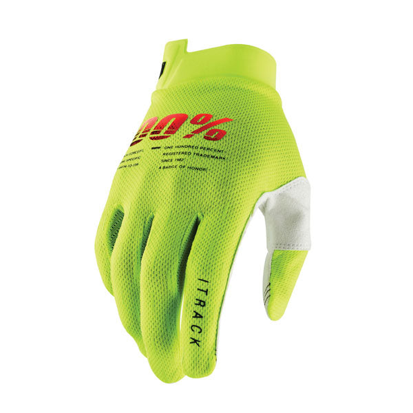 Detailed studio photograph of 100%, Itrack Gloves, Offroad Gloves, SKU 33306591, color options Black, Red, Fluo/Yellow, Aqua, Sentinel Terra, Sentinel Black, Kaledo, sizes SM, LG, MD, XL, 2XL