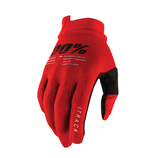 Studio image on a white background of 100%, Itrack Gloves, Offroad Gloves, SKU 33306590, color options Black, Red, Fluo/Yellow, Aqua, Sentinel Terra, Sentinel Black, Kaledo, sizes SM, LG, MD, XL, 2XL