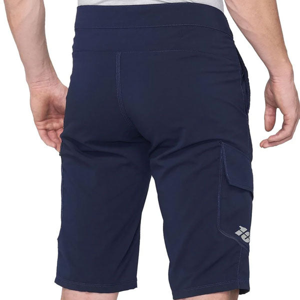 High-resolution studio image of 100%, Ridecamp Short (MTB), Shorts, SKU 50010015, color options Black, Charcoal, Navy, sizes 28–38, Designed for Mountain Bike, BMX and E-Bike riders