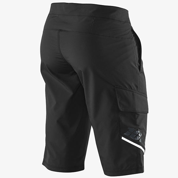 Clean studio photo on a white background of 100%, Ridecamp Short (MTB), Shorts, SKU 50010010, color options Black, Charcoal, Navy, sizes 28–38, Designed for Mountain Bike, BMX and E-Bike riders