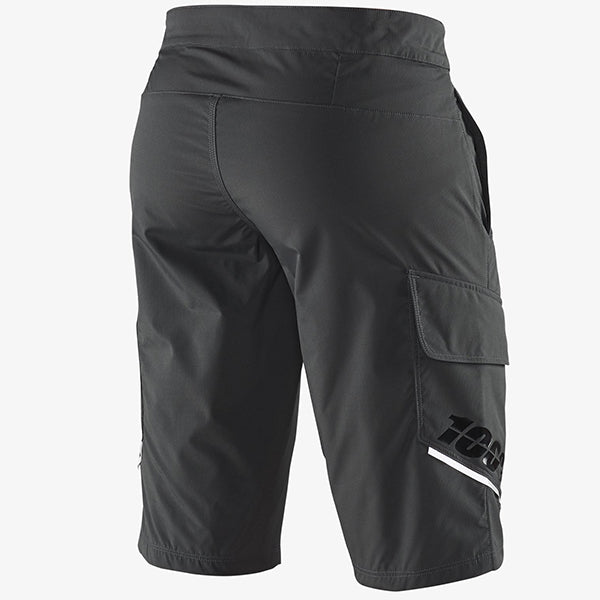 High-resolution studio image of 100%, Ridecamp Short (MTB), Shorts, SKU 50010012, color options Black, Charcoal, Navy, sizes 28–38, Designed for Mountain Bike, BMX and E-Bike riders