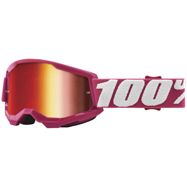 Studio image highlighting 100%, Strata 2 Goggle Sale (Mirror Lens) (Youth), Goggles, SKU 610-5256, color options Black, Mirror Silver Lens, Yellow, Mirror Red Lens, Fletcher, Mirror Red Lens, Red, Mirror Red Lens