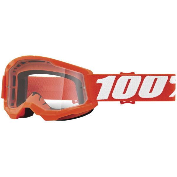 Detailed studio photograph of 100%, Strata 2 Goggle (Clear Lens) (Youth), Goggles, SKU 5651100550, color options Black, Neon Yellow, Neon Orange, Pink, White, Red, Blue, Yellow and more