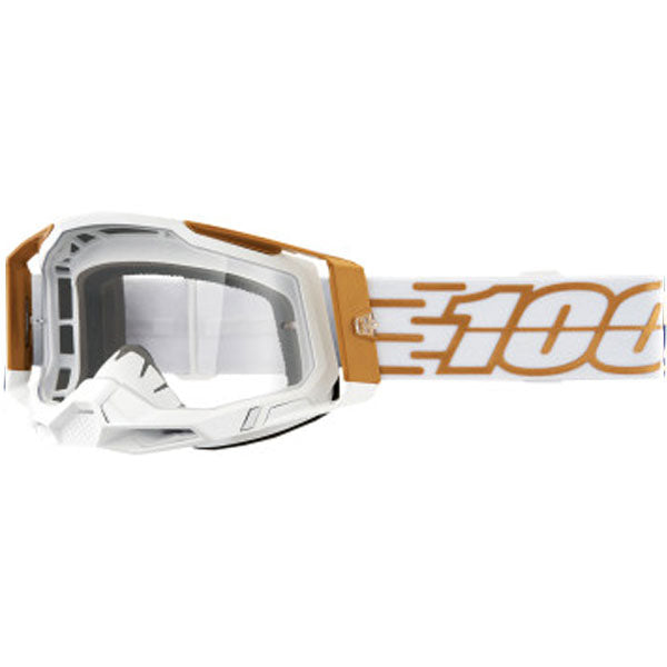 Studio photo showcasing 100%, Racecraft 2.0 Goggle (Clear Lens), Goggles, SKU 26013036, color options Concordia, Battleship, Snowbird, Topo, Kalkuta, Neon Yellow, Fluo Yellow, Panam and more