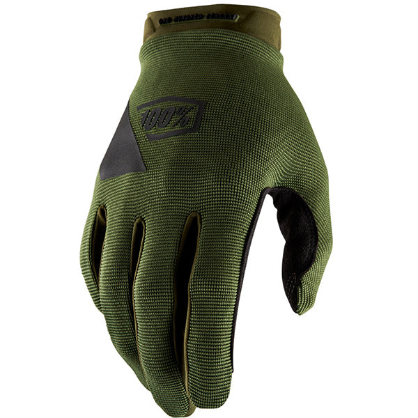 Detailed studio photograph of 100%, Ridecamp Glove, Offroad Gloves, SKU 33305744, color options Black, Fatigue, Fluo Yellow, Navy, Red, sizes MD, SM, LG, XL, 2XL