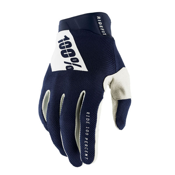 Detailed studio photograph of 100%, Ridefit Gloves, Offroad Gloves, SKU 33307084, color options Korp, Korp Yellow, Mars, Black, Fluo/Orange, Stone, Navy/White, Petrol and more, sizes MD, SM, XL, LG, 2XL