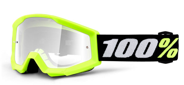 Catalog studio image of 100%, Strata Mini Clear Lens Goggle, Goggles, SKU 26012467, color options Red, Clear Lens, Neon Yellow, Clear Lens, Black, Clear Lens, 24 Black, Clear Lens, 24 Red, Clear Lens, 24 Yellow, Clear Lens
