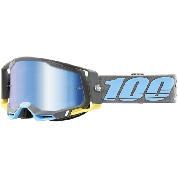 Studio image highlighting 100%, Racecraft 2.0 Goggle (Mirror Lens), Goggles, SKU 26013263, color options Arbis, Mirror Silver Lens, Mayfair, Mirror Silver Lens, Maho, Silver Flash Lens, Concordia, Mirror Blue Lens, Airblast, Mirror Silver Lens, Blue, Mirror Blue Lens, Fremont, Mirror Blue Lens, Red, Mirror Red Lens and more