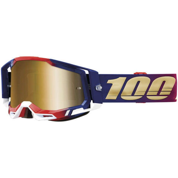 Detailed studio photograph of 100%, Racecraft 2.0 Goggle (Mirror Lens), Goggles, SKU 26013078, color options Arbis, Mirror Silver Lens, Mayfair, Mirror Silver Lens, Maho, Silver Flash Lens, Concordia, Mirror Blue Lens, Airblast, Mirror Silver Lens, Blue, Mirror Blue Lens, Fremont, Mirror Blue Lens, Red, Mirror Red Lens and more