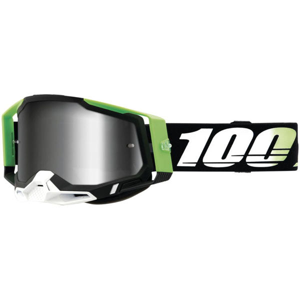 High-resolution studio image of 100%, Racecraft 2.0 Goggle (Mirror Lens), Goggles, SKU 26013082, color options Arbis, Mirror Silver Lens, Mayfair, Mirror Silver Lens, Maho, Silver Flash Lens, Concordia, Mirror Blue Lens, Airblast, Mirror Silver Lens, Blue, Mirror Blue Lens, Fremont, Mirror Blue Lens, Red, Mirror Red Lens and more