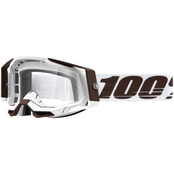 Studio photo showcasing 100%, Racecraft 2.0 Goggle (Clear Lens), Goggles, SKU 26013075, color options Concordia, Battleship, Snowbird, Topo, Kalkuta, Neon Yellow, Fluo Yellow, Panam and more