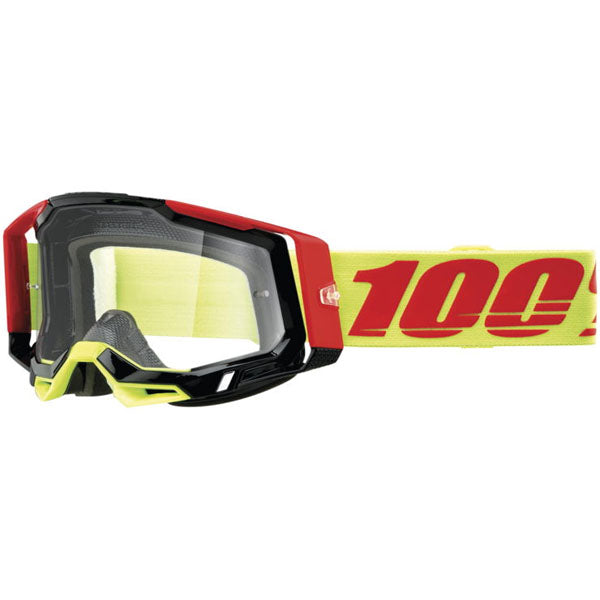 Studio image highlighting 100%, Racecraft 2.0 Goggle (Clear Lens), Goggles, SKU 26013074, color options Concordia, Battleship, Snowbird, Topo, Kalkuta, Neon Yellow, Fluo Yellow, Panam and more