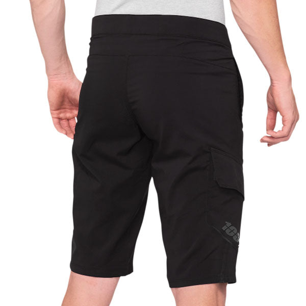 High-resolution studio image of 100%, Ridecamp Short (MTB), Shorts, SKU 50010009, color options Black, Charcoal, Navy, sizes 28–38, Designed for Mountain Bike, BMX and E-Bike riders