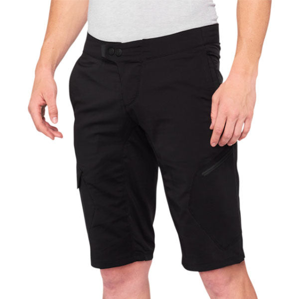 Studio image highlighting 100%, Ridecamp Short (MTB), Shorts, SKU 50010011, color options Black, Charcoal, Navy, sizes 28–38, Designed for Mountain Bike, BMX and E-Bike riders