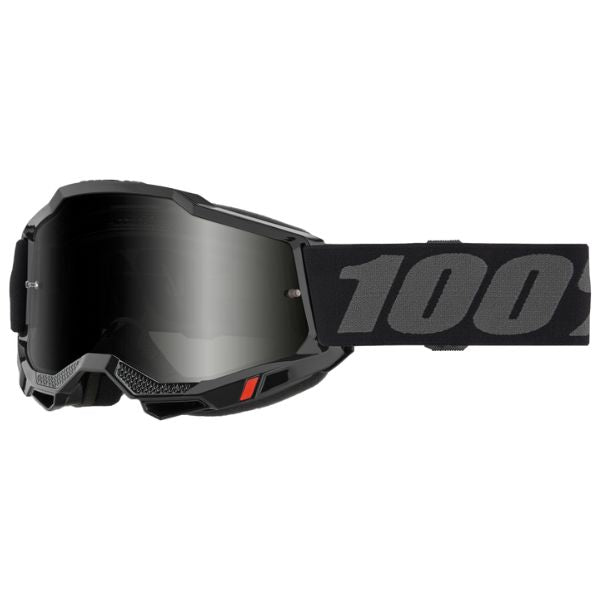 Studio photo showcasing 100%, Accuri 2 Sand Goggle w/ Smoke Lens, Goggles, SKU 26012852, color options Black, Smoke Lens, Fluo Yellow, Smoke Lens, Neon Orange, Smoke Lens, Blue, Smoke Lens