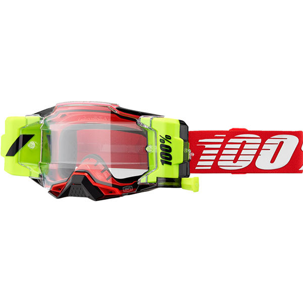 Studio photo showcasing 100%, Armega Forecast Goggle, Goggles, color options Black, Blue, Nuclear Citrus, Royal, Nuketown, Red, Neon Yellow