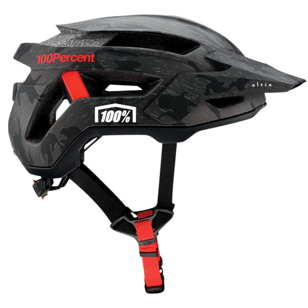 Studio product photo on a neutral background of 100%, Altis Helmet (MTB), color options White, Black, Grey, Camo, Tan, sizes XS/S, S/M, L/XL, Designed for Mountain Bike, BMX and E-Bike riders