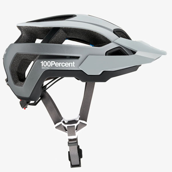 Studio photo showcasing 100%, Altec with Fidlock Helmet (MTB), SKU 01510103, color options White, Black, Gray, Red, Light Gray, Navy, Orange, sizes XS/S, S/M, L/XL, Designed for Mountain Bike, BMX and E-Bike riders