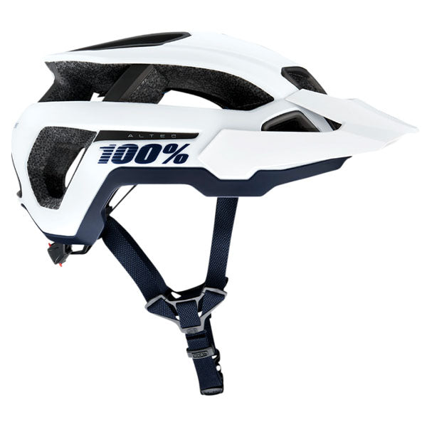 Studio image highlighting 100%, Altec with Fidlock Helmet (MTB), SKU 01510108, color options White, Black, Gray, Red, Light Gray, Navy, Orange, sizes XS/S, S/M, L/XL, Designed for Mountain Bike, BMX and E-Bike riders