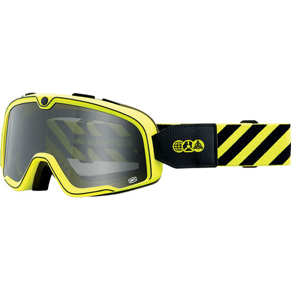 High-resolution studio image of 100%, Barstow Goggle, Goggles, SKU 26013240, color options Race Service, Mirror Silver Lens, The Arsenale, Smoke Lens, Death Spray, Mirror Blue Lens, El Solitario, Smoke Lens, Vahna, Mirror Blue Lens, Erban, Mirror Dark Red Lens, Malibu, Smoke Lens, Jane Motorcycles, Mirror True Gold Lens and more