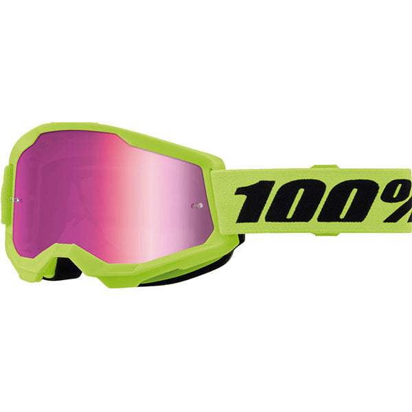 High-resolution studio image of 100%, Strata 2 Goggle (Mirror Lens) (Youth), Goggles, SKU 5652111300, color options Neon Orange, Mirror True Gold, Black, Mirror Silver Lens, Blue, Mirror Red/Blue Lens, Neon Yellow, Mirror Pink Lens, Pink, Mirror Red Lens, Red, Mirror Red Lens, White, Mirror Silver Lens, Orange, Mirror Gold Lens and more