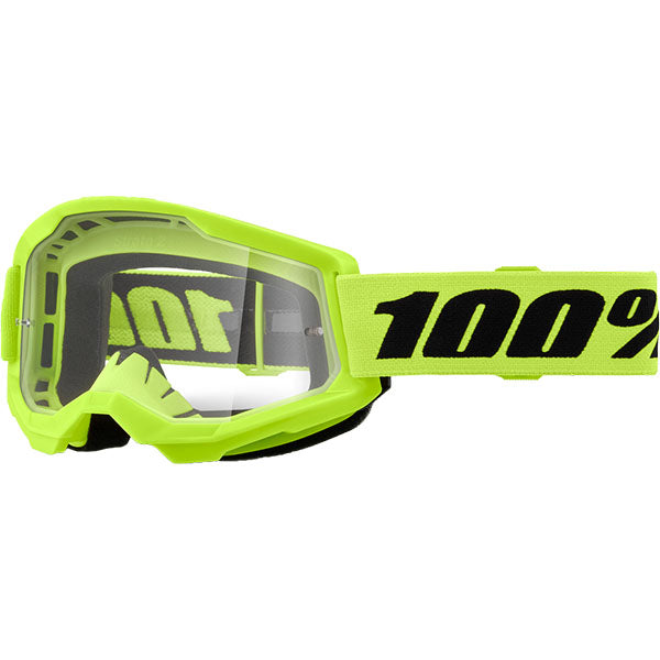 Detailed studio photograph of 100%, Strata 2 Goggle (Clear Lens) (Youth), Goggles, SKU 5651100950, color options Black, Neon Yellow, Neon Orange, Pink, White, Red, Blue, Yellow and more