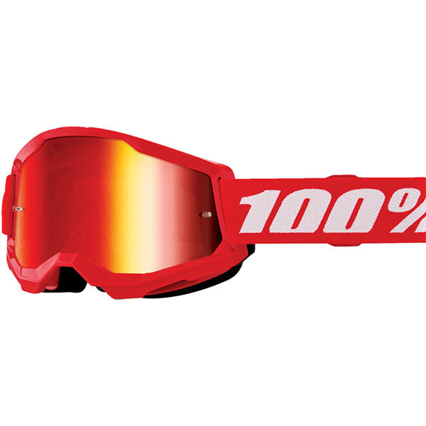 Detailed studio photograph of 100%, Strata 2 Goggle (Mirror Lens) (Youth), Goggles, SKU 610-5262, color options Neon Orange, Mirror True Gold, Black, Mirror Silver Lens, Blue, Mirror Red/Blue Lens, Neon Yellow, Mirror Pink Lens, Pink, Mirror Red Lens, Red, Mirror Red Lens, White, Mirror Silver Lens, Orange, Mirror Gold Lens and more