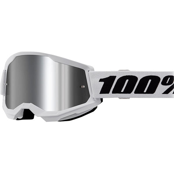 Studio image highlighting 100%, Strata 2 Goggle (Mirror Lens) (Youth), Goggles, SKU 5652100950, color options Neon Orange, Mirror True Gold, Black, Mirror Silver Lens, Blue, Mirror Red/Blue Lens, Neon Yellow, Mirror Pink Lens, Pink, Mirror Red Lens, Red, Mirror Red Lens, White, Mirror Silver Lens, Orange, Mirror Gold Lens and more